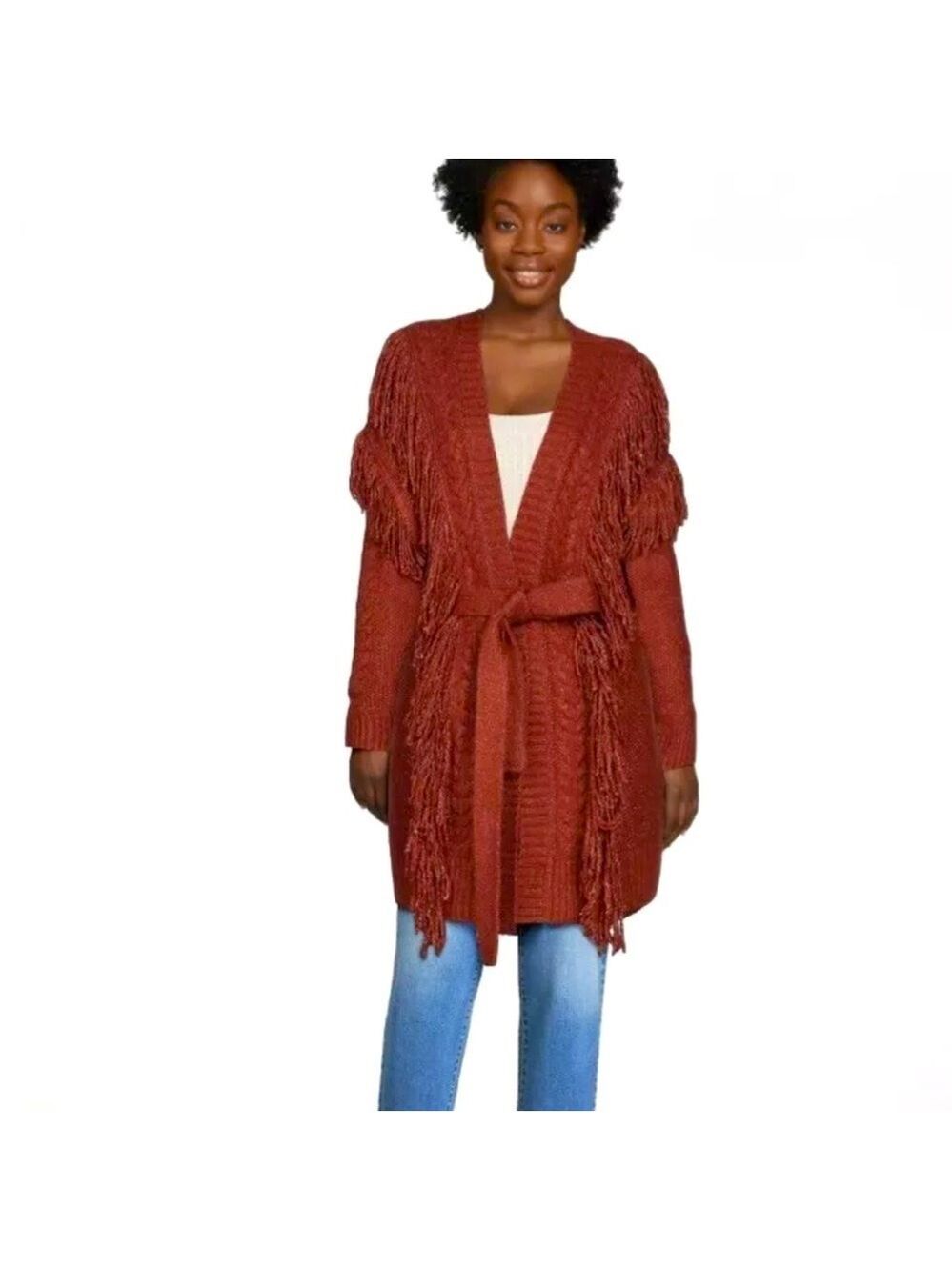 Scoop Fringe Cardigan Sweater with Belt Womens XXL 20 Rust Cinnamon Boho Fall